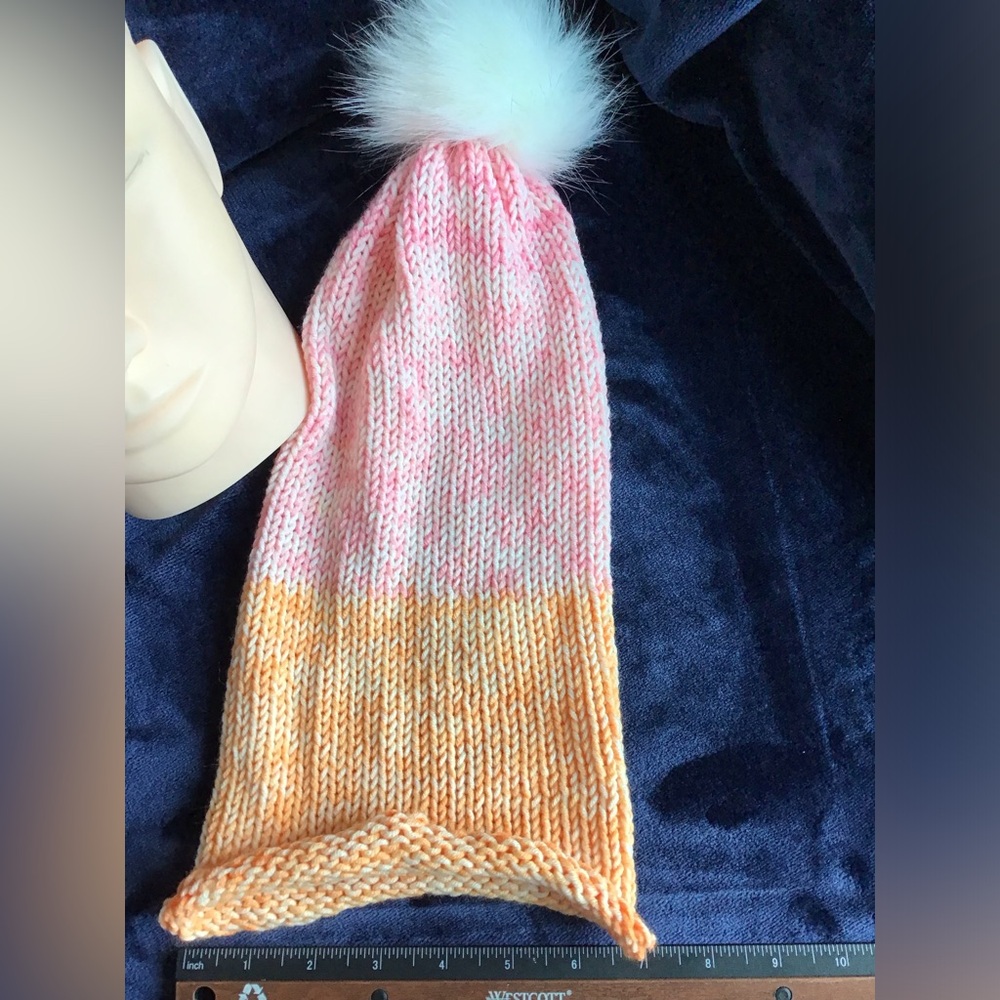 Orange & Pink Serene Knitted Hat with White Pom Pom